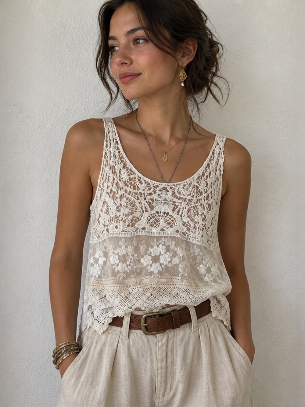 Kenar Womens Large Ivory Lace Sleeveless Top Romantic Boho Cottagecore Croquette